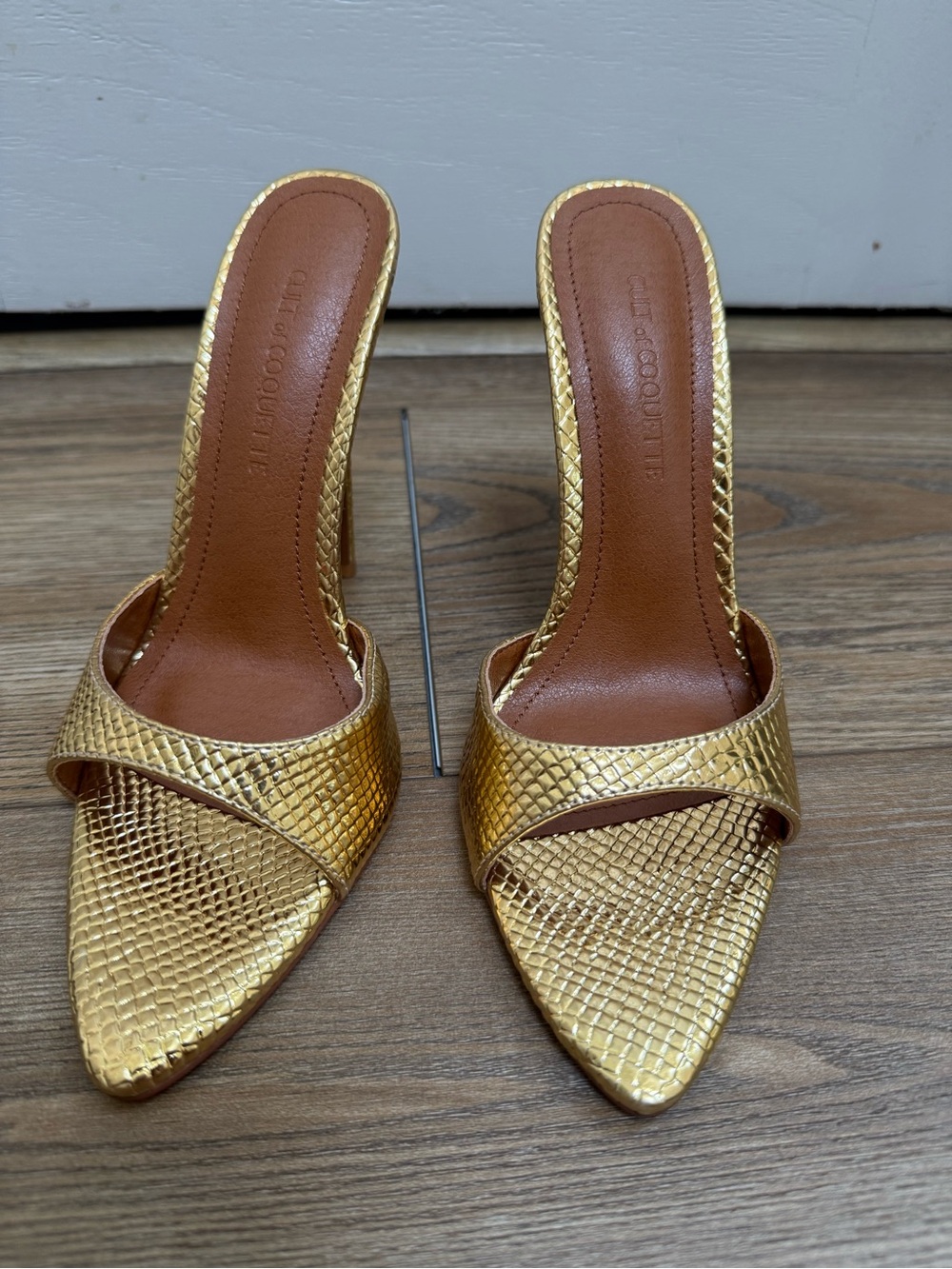 Metallic Gold Snakeskin-Textured Slip-On Mule Heels